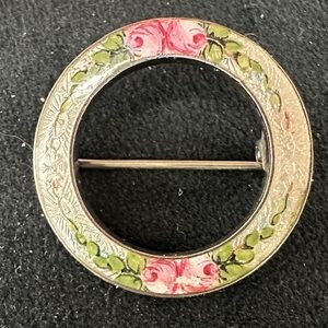 Vintage sterling Floral Enamel Pin with Hand- painted Pink and Green Accents